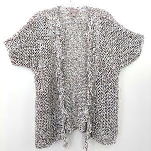 Chicos Open Front Sweater Size 1 Medium Knit Fringe Tan Neutral